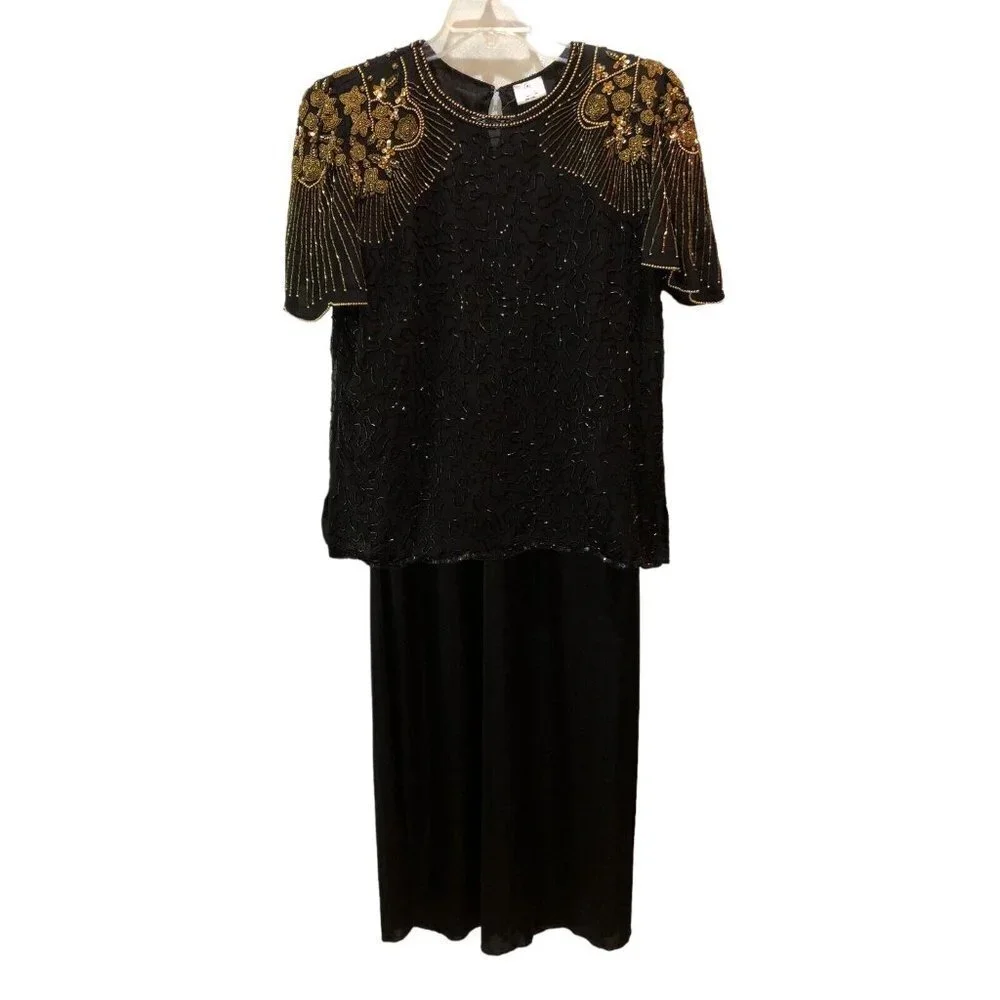 Praise Hymn Womens Small Black Gold Beaded Sequins Cocktail Party Formal Dress
